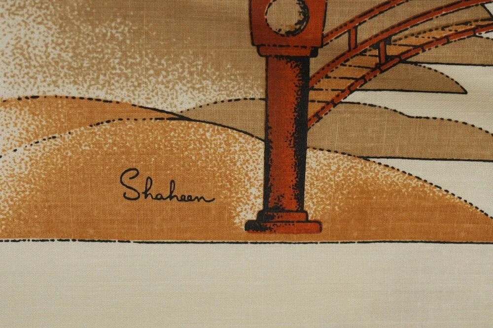 RARE Vintage Alfred Shaheen Hand-Printed Fabric Linen 1.5 Yards Japanese Motif
